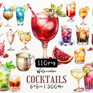 May include: Watercolour illustrations of 11 different cocktails, each with unique colours and garnishes. The illustrations are in a vintage style and are perfect for use in digital or printed projects.