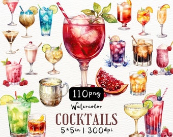 Paquete de imágenes prediseñadas de cócteles de acuarela (PNG) para menú de bebidas, decoración de fiestas, impresiones de bar, descarga digital, juego de mojito, martini y margarita.