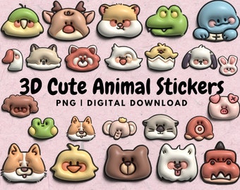 3D Animal Stickers for Digital Notebooks, 57 Colorful Realistic Cute Chubby Cartoon Animals, Goodnotes Stickers, Transparent Cutout Clipart