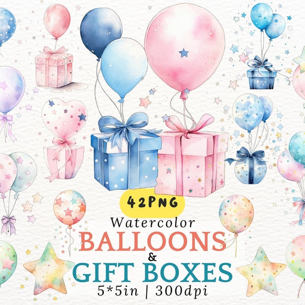 Clipart di palloncini acquerello, palloncini fantasia rosa e blu di cartoni animati Kawaii, simpatico palloncino stellato con immagini di confezione regalo png, festa per baby shower