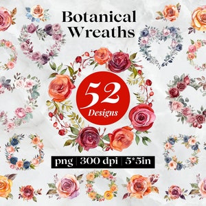Boho Floral Wreath Clipart, Heart Shaped Botanical Flower Frame PNG,Watercolor Rose Wreath,Spring Wedding Decor,Rustic Floral Clipart Bundle