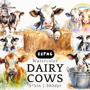 Vacas lecheras regordetas en acuarela - Lindo ternero de dibujos animados kawaii, ganado bebé PNG fondo transparente, animales lindos, decoración infantil