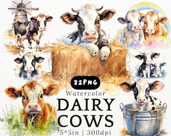 Chubby Dairy Milk Cows Watercolor Clipart - Cute Kawaii Cartoon Cow Calf, Baby Cattle PNG Transparent Background,Cute Animals, Nursery Decor
