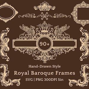 Op de afbeelding: Een verzameling handgetekende koninklijke barokframes in beige op een donkerbruine achtergrond. De afbeelding bevat verschillende framevormen, decoratieve elementen en de tekst "Royal Baroque Frames" en "90+". De afbeelding is 12,7 cm breed.