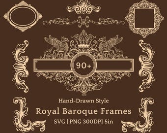 May include: A collection of hand-drawn style royal baroque frames in beige on a dark brown background. The image includes various frame shapes, decorative elements, and text that reads "Royal Baroque Frames" and "90+". The image is 5 inches wide.