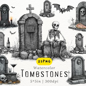 Puede incluir: Un conjunto de 25 ilustraciones de acuarela de lápidas, esqueletos, murciélagos y otros elementos espeluznantes. Las ilustraciones son perfectas para crear manualidades, tarjetas y decoraciones con temática de Halloween.