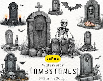 Gothic Halloween Grabstein PNG Gruselig Friedhof Clipart Schädel Skelett Friedhof Kunst Digitaler Download für Karten Einladungen Aufkleber Dekor