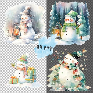 May include: Four watercolour illustrations of snowmen. The first snowman is wearing a blue scarf and a brown hat. The second snowman is wearing a green scarf and a green hat. The third snowman is wearing a green and red scarf and a black hat. The fourth snowman is wearing a green and red scarf and a black hat. All snowmen are holding a stick in their right hand.