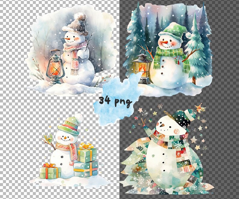 May include: Four watercolour illustrations of snowmen. The first snowman is wearing a blue scarf and a brown hat. The second snowman is wearing a green scarf and a green hat. The third snowman is wearing a green and red scarf and a black hat. The fourth snowman is wearing a green and red scarf and a black hat. All snowmen are holding a stick in their right hand.