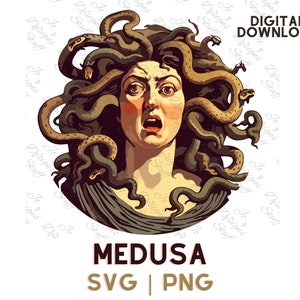 May include: A digital illustration of Medusa, a mythical Greek figure with snakes for hair, in a circular frame. The image is in a cartoon style with vibrant colors and a detailed background.