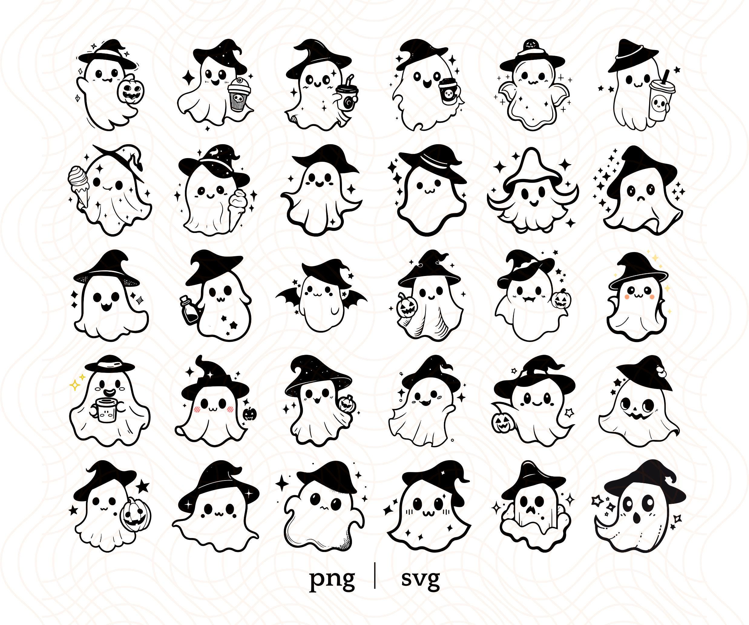Kawaii Cute Ghost Clipart SVG and PNG Halloween Doodle Icons Pastel ...