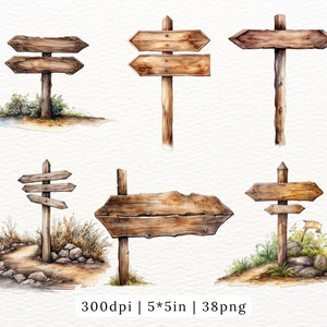 Watercolor Wooden Signs Clipart, Vintage Village Rustic Road and Door ...