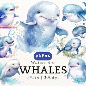 Blau Baby Wal Clipart, Aquarell Ozean Tiere PNG Bundle, niedliche Kinderzimmer Wal Kunst, Kawaii Meeresbewohner, digitaler Download