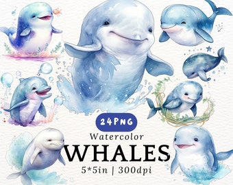 Blue Baby Whale Clipart, Watercolor Ocean Animals PNG Bundle, Cute Nursery Whale Art, Kawaii Sea Creatures, Digital Download