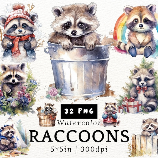 Chubby Raccoon Watercolor Clipart - Cute Kawaii Cartoon Raccoons, Baby Raccoons PNGs Transparent Background, Cute Animals, Nursery Decor