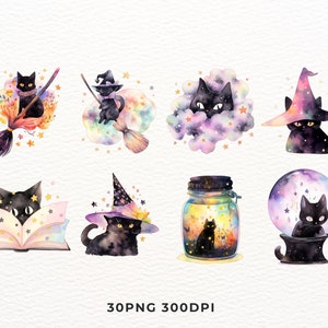 May include: A set of 10 watercolor illustrations featuring black cats in various Halloween-themed scenes. The illustrations include a cat riding a broom, a cat in a witch's hat, a cat in a jar of stars, a cat in a cloud, and a cat in a crystal ball. The illustrations are perfect for adding a touch of whimsy to your Halloween decorations.