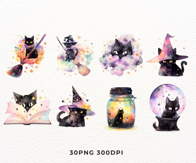 May include: A set of 10 watercolor illustrations featuring black cats in various Halloween-themed scenes. The illustrations include a cat riding a broom, a cat in a witch's hat, a cat in a jar of stars, a cat in a cloud, and a cat in a crystal ball. The illustrations are perfect for adding a touch of whimsy to your Halloween decorations.