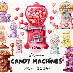 Pacote de clipart de máquina de doces, máquinas de doces de chiclete em aquarela vintage png, imagens de máquinas de doces de chiclete retrô em formato de coração em tons pastel coloridos