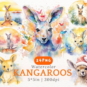 Aquarell Känguru PNG Clipart - 24 australische Tier Illustration für Kinderzimmer Dekor, Urlaubskarten, Scrapbooking, Sublimation 5 x 5 in 300DPI