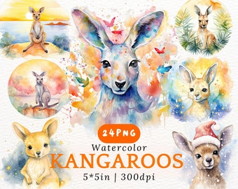 Watercolor Kangaroo PNG Clipart - 24 Australian Animal Illustration for Nursery Decor, Holiday Cards, Scrapbooking, Sublimation 5x5in 300DPI