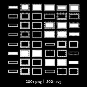 May include: A collection of white rectangular and square frames with intricate lace-like designs, set against a black background. The frames vary in size and style, with decorative edges. Text at the bottom reads "200+ png | 200+ svg".