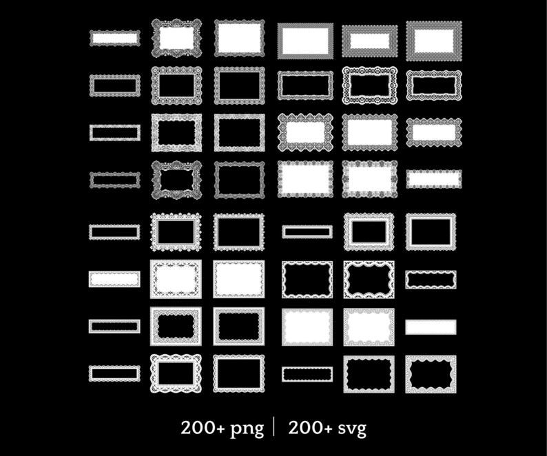 May include: A collection of white rectangular and square frames with intricate lace-like designs, set against a black background. The frames vary in size and style, with decorative edges. Text at the bottom reads "200+ png | 200+ svg".