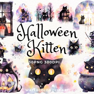 May include: A set of 30 watercolor illustrations featuring black cats in various Halloween scenes. The illustrations include cats in windows, flying on brooms, in cauldrons, and wearing witch hats. The illustrations are perfect for adding a touch of whimsy to your Halloween projects.