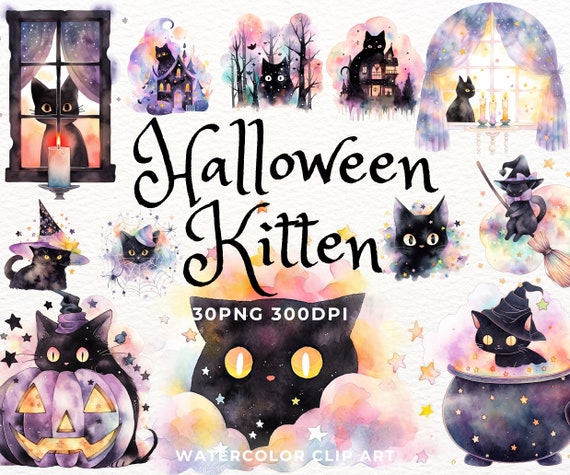 Magical Witch Cat Clipart, Watercolor Cat png, Black Cat Clipart, Pink Starry Pastel Halloween Clipart,Kawaii Cat Clipart,Candy,Pumpkin,Tomb