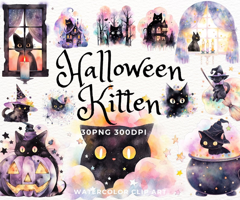 May include: A set of 30 watercolor illustrations featuring black cats in various Halloween scenes. The illustrations include cats in windows, flying on brooms, in cauldrons, and wearing witch hats. The illustrations are perfect for adding a touch of whimsy to your Halloween projects.
