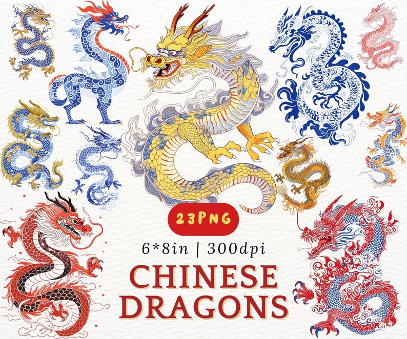 May include: A set of 23 digital illustrations of Chinese dragons in various colors and poses. The dragons are depicted in a traditional style with intricate details and swirling patterns. The illustrations are perfect for use in digital design projects, such as creating patterns, backgrounds, or logos.