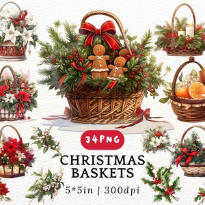 Cesta de Natal Clipart - Cestas de flores de férias em aquarela PNG, arranjo de poinsétia vermelha, vegetação de inverno com velas, pinhas, laranjas