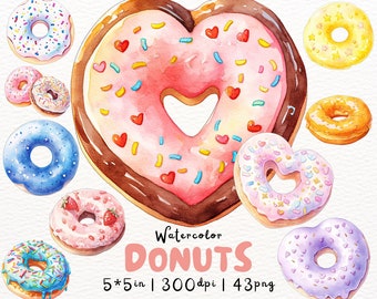 Donut aquarelle pastel PNG Clipart Bundle coeur et saupoudrer de donuts ronds en téléchargement numérique pour décoration de fête d'autocollants de scrapbooking