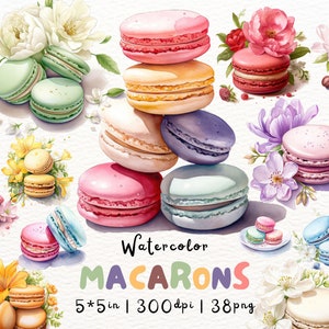 Clipart di macaron francesi ad acquerello, colori pastello, dessert da forno con png floreale, cioccolato, fragola, biscotti arcobaleno, festa per bambini