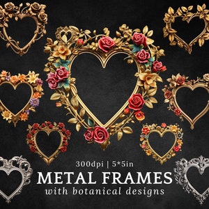 Moldura de metal clipart, molduras vitorianas em formato de coração com desenhos botânicos png, molduras antigas para impressão, objetos vintage para diário de sucata etc.