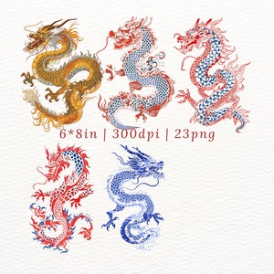 May include: Four digital illustrations of dragons in various poses. The dragons are in shades of red, blue, and gold. The image includes the text "6*8in | 300dpi | 23png".