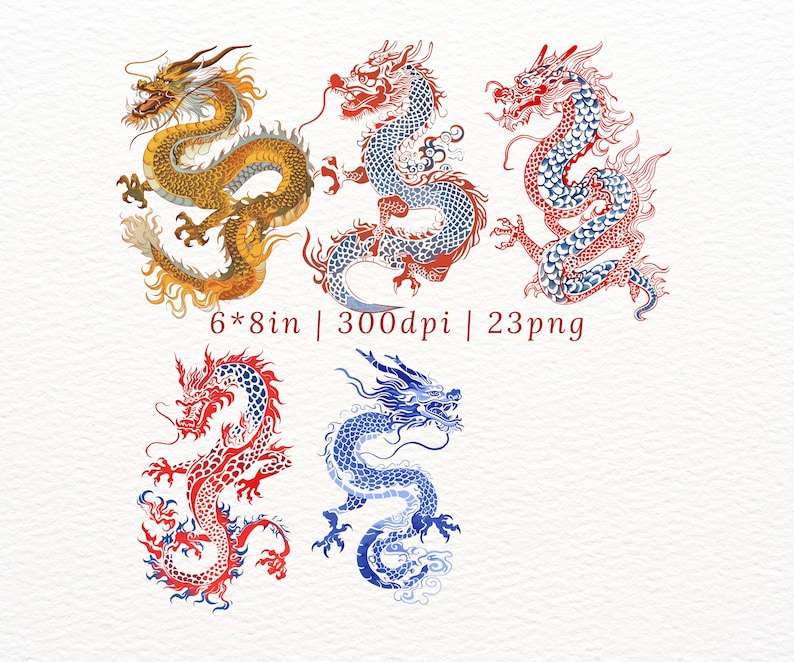 May include: Four digital illustrations of dragons in various poses. The dragons are in shades of red, blue, and gold. The image includes the text "6*8in | 300dpi | 23png".
