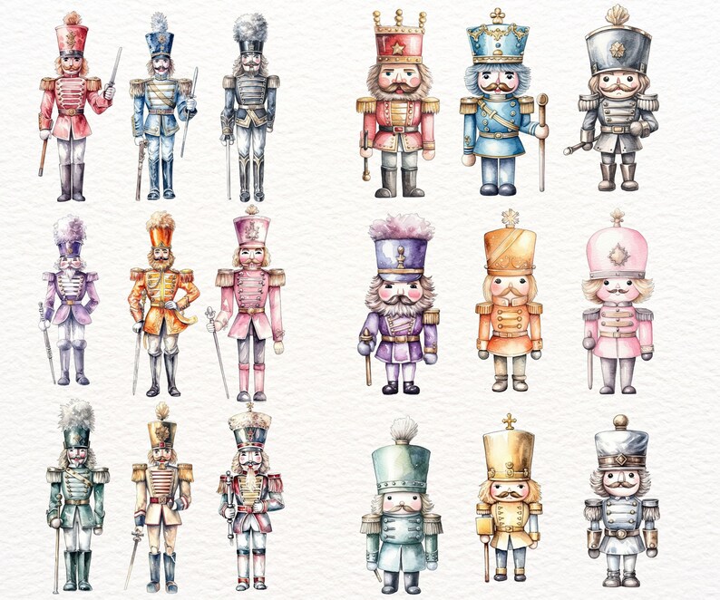 Pastel Nutcracker Clipart Watercolor Nutcracker PNG Cute Christmas Soldier Nutcracker Images for Cards Stickers Crafts Holiday Decor image 2