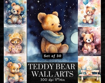 Whimsical Teddy Bear Wall Art - Stampe di animali per la cameretta dei bambini, poster morbidi con orsi acquerellati, decorazioni da sogno per la cameretta dei bambini, download digitale 11x14