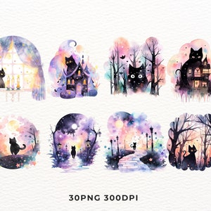 May include: A set of 8 watercolor illustrations featuring black cats in various settings. The illustrations include a cat in a window, a cat in a house, a cat in a forest, and a cat in a starry sky. The illustrations are perfect for adding a touch of whimsy to any project.