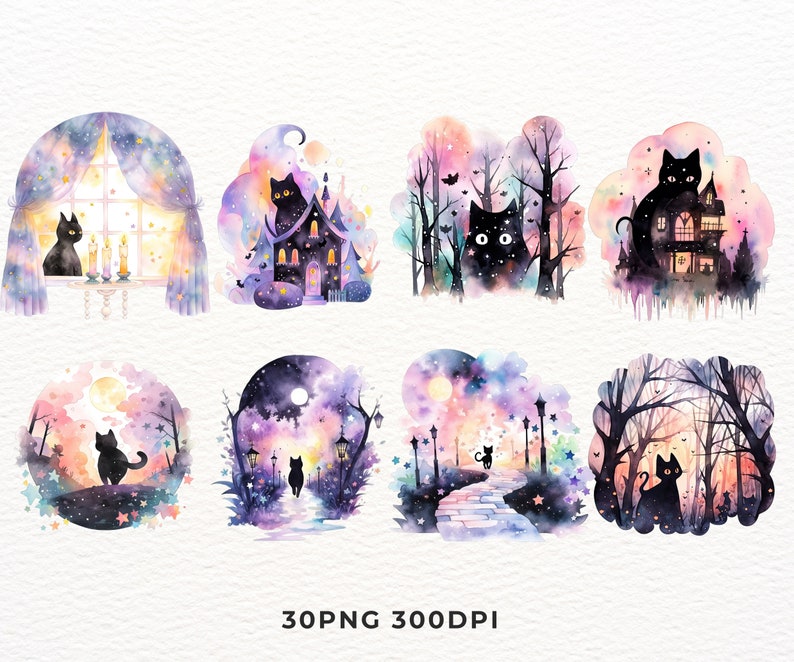 May include: A set of 8 watercolor illustrations featuring black cats in various settings. The illustrations include a cat in a window, a cat in a house, a cat in a forest, and a cat in a starry sky. The illustrations are perfect for adding a touch of whimsy to any project.