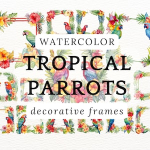 Tropical Parrot Frame Clipart - Bordas de Selva Floral Aquarela PNG - Download Digital de Moldura Decorativa de Pássaro Exótico para Convites de Cartão