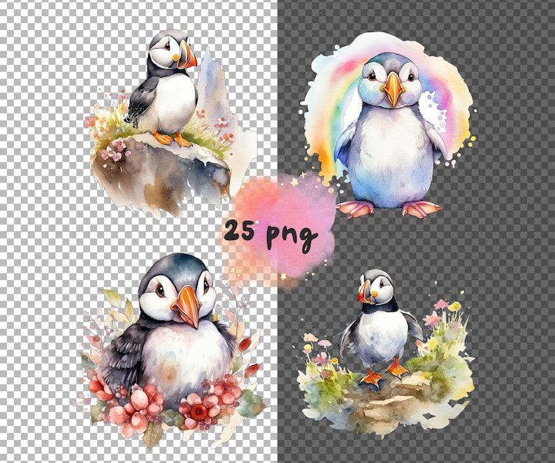Chubby Puffin Watercolor Clipart - Cute Kawaii Cartoon Puffins, Baby ...