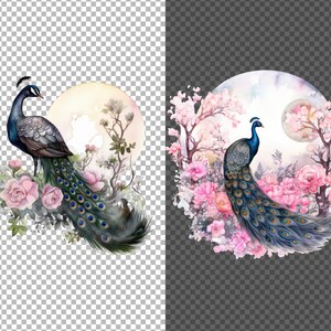 May include: Watercolor painting of two peacocks with blue and green feathers standing in a circle of pink flowers and green leaves. The peacocks are facing away from each other. The background is a watercolor wash of blue and pink.