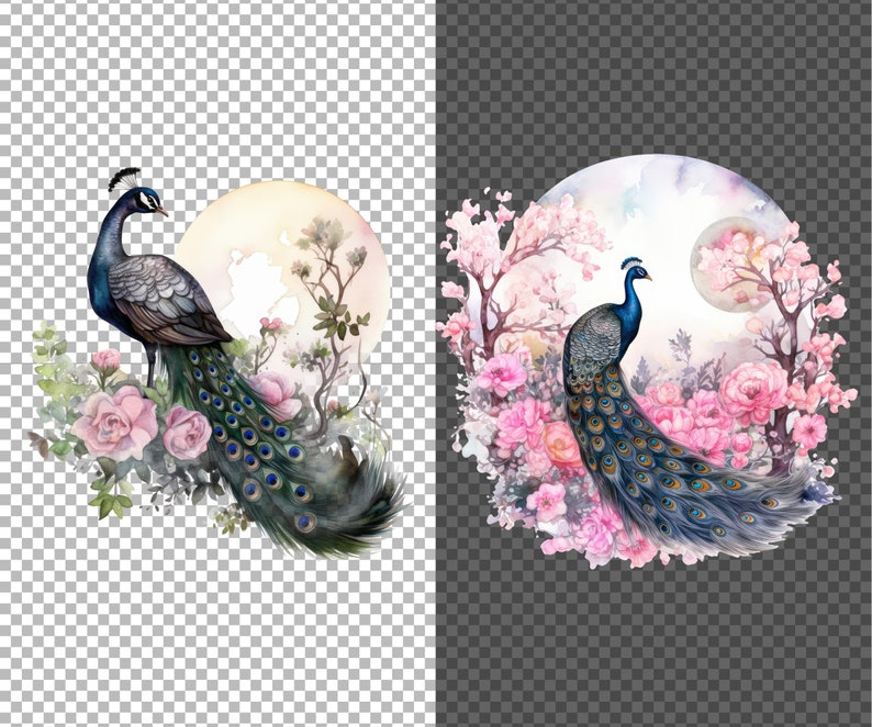 May include: Watercolor painting of two peacocks with blue and green feathers standing in a circle of pink flowers and green leaves. The peacocks are facing away from each other. The background is a watercolor wash of blue and pink.