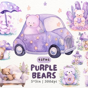 Imágenes prediseñadas de oso morado, oso de peluche kawaii, ositos de acuarela pastel con lavanda, osito de peluche acogedor y de ensueño, osito regordete adorable