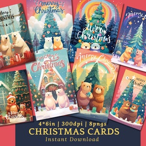 Kartki świąteczne, słodkie misie na temat kartek świątecznych, kawaii cartoon animal with pastel rainbow holiday pocztówka png, snowy white christmas card