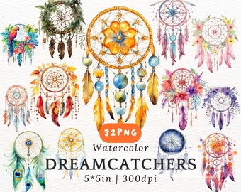 Boho Drömfångare PNG Clipart - Akvarell Drömfångare med Fjädrar och Blommor - Andlig Väggkonst Utskriftbara - 32 PNG för Sublimering
