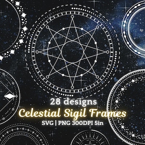 Himmelsk cirkelram PNG SVG 28 Sigil-gränser Transparent Clipart Helig geometri Starburst-ringar för logotyp, varumärkesbyggande Tarotkort