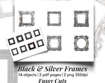 May include: A set of 14 black and silver ornate picture frames. The frames are in various sizes and shapes, including square, round, and rectangular. The frames are perfect for adding a touch of elegance to any home decor.