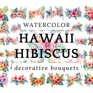 Watercolor Hawaii Hibiscus PNG - Tropical Floral Clipart Bouquets, Island Flowers PNG for Wedding Invitations, Summer Decor, 300DPI PNG